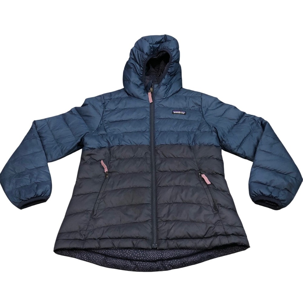 Patagonia Down Sweater Hoodie Kids L 12 Blue Two Tone Quilted Puffer Jacket
